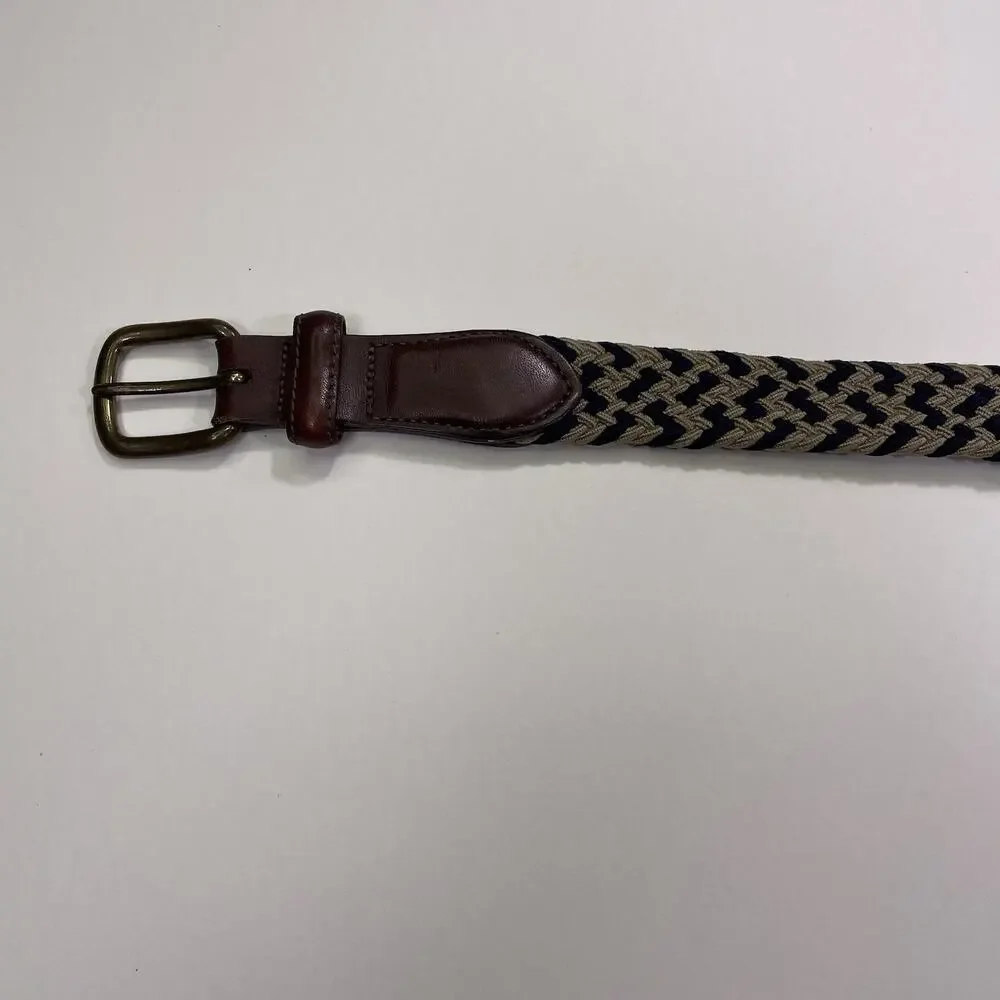 LL Bean Braided Cord Belt Men’s 36 Brown Leather Brass Buckle Cream